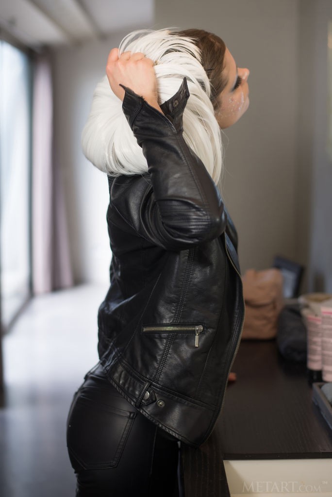 Caprice A - Babe in leather jacket strips and takes a hot sexy shower