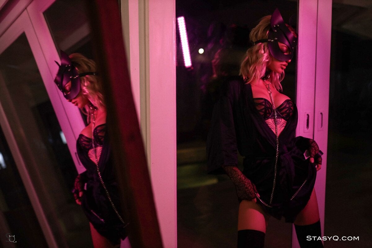 JennyQ is ready for some kinky love in her black lingerie, mask and long socks